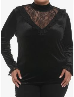 Best deal ⭐ Black Velvet & Lace Turtleneck 👧 Girls Long-Sleeve Top Plus Size 😀