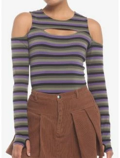 Brand new โ Green & Purple Stripe Cold Shoulder ๐ง Girls Long-Sleeve T-Shirt ๐ฅฐ