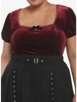 Best Pirce ⌛ Burgundy Velvet Puff-Sleeve 👧 Girls Top Plus Size 🎉