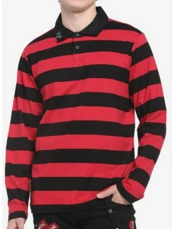 Budget 🤩 Black & Red Stripe O-Ring Long-Sleeve Polo 👚 Shirt ⌛