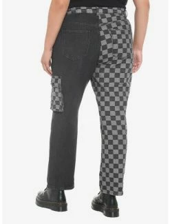 Budget 👏 Black Checkered Split Straight Leg 👖 Jeans Plus Size 🤩 -HT Style Outlet Store 18859024 av1
