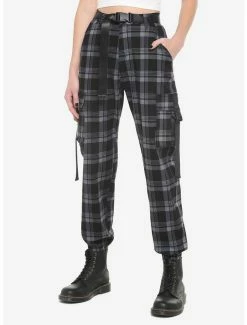 Best Pirce 🛒 Grey Plaid Jogger Pants With Buckles 🌟