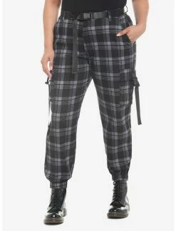 Coupon 🔥 Grey Plaid Jogger Pants With Buckles Plus Size 🔥