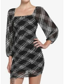 Wholesale ✔️ Black & White Plaid Ruched Bodycon 👗 Dress 💯