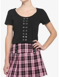 New ❤️ Black Safety Pin 👧 Girls Crop T-Shirt ⭐