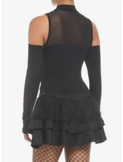 Deals 👍 Black Mesh Chain Cold Shoulder 👧 Girls Long-Sleeve Top 😀 -HT Style Outlet Store 19040565 av2