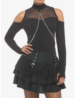 Deals 👍 Black Mesh Chain Cold Shoulder 👧 Girls Long-Sleeve Top 😀