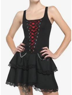 Coupon ✨ Black & Red Checker Lace-Up Corset 🧨