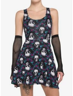 Deals 🔔 Skulls & Flowers Skater 👗 Dress With Lace Back ⌛