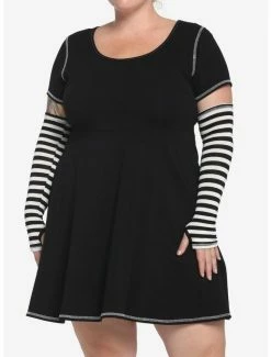 Best Sale ⌛ Black & White Contrast Stitch Skater 👗 Dress Plus Size With Arm Warmers 🎉