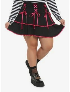 Coupon 🥰 Black & Pink Lace-Up Tiered 👗 Skirt Plus Size 🔥