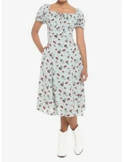 Discount ❤️ Frog Mushroom Sage Green Empire Midi 👗 Dress 🎁