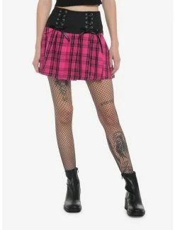 Flash Sale ✨ Pink Plaid Lace-Up Pleated 👗 Skirt 👏