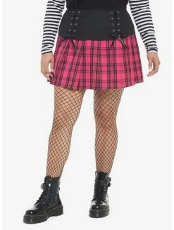 Cheap 🎉 Pink Plaid Lace-Up Pleated 👗 Skirt Plus Size ⌛