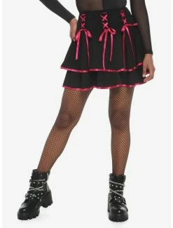 Promo 🔔 Black & Pink Lace-Up Tiered 👗 Skirt 😀