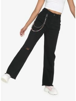 Cheap 🛒 Black Straight Leg 👖 Jeans With Multicolor Beaded Chain 😀 -HT Style Outlet Store 19161600 av2