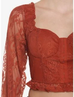 Discount 🔥 Rust Lace Corset 👧 Girls Crop Long-Sleeve Top 🛒 -HT Style Outlet Store 19204484 av3