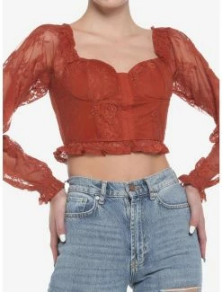 Discount 🔥 Rust Lace Corset 👧 Girls Crop Long-Sleeve Top 🛒