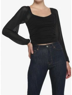 Outlet ⌛ Black Ruched 👧 Girls Crop Peasant Top ⌛