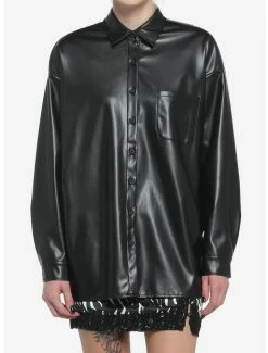 Best Pirce โ๏ธ Black Faux Leather Longline ๐ง Girls Collar ๐ Shirt ๐