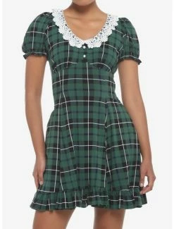 Coupon 🥰 Green Plaid Lace Collar Mini 👗 Dress ✨