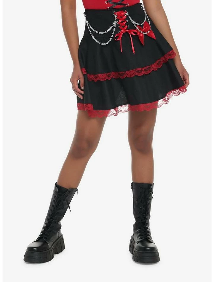 Budget 😉 Red & Black Lace Chain Ribbon Tiered 👗 Skirt 😉 3 Budget 😉 Red & Black Lace Chain Ribbon Tiered 👗 Skirt 😉