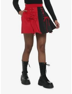 New 🌟 Red & Black Split Lace-Up 👗 Skirt 👍