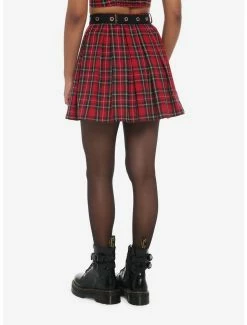 Budget 🔥 Red Plaid Grommet Belt Pleated 👗 Skirt 👏 -HT Style Outlet Store 19376075 av1