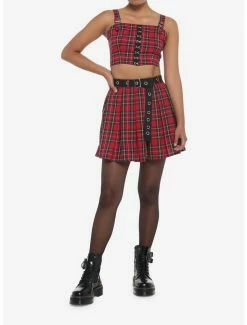 Budget 🔥 Red Plaid Grommet Belt Pleated 👗 Skirt 👏 -HT Style Outlet Store 19376075 av2