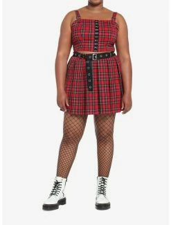 Best Sale ✨ Red Plaid Grommet Belt Pleated 👗 Skirt Plus Size 🥰 -HT Style Outlet Store 19376083 av2