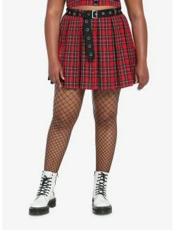 Best Sale โจ Red Plaid Grommet Belt Pleated ๐ Skirt Plus Size ๐ฅฐ