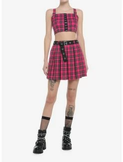Flash Sale ⌛ Hot Pink Tartan Pleated 👗 Skirt With Grommet Belt 😀 -HT Style Outlet Store 19376234 av2