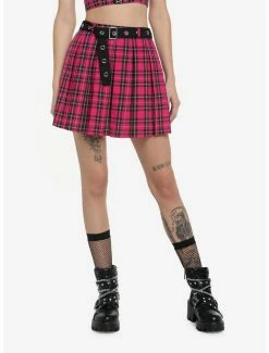 Flash Sale ⌛ Hot Pink Tartan Pleated 👗 Skirt With Grommet Belt 😀