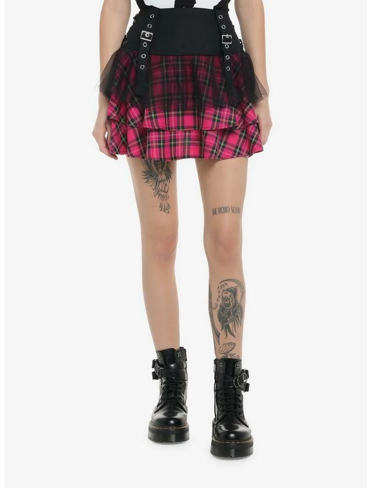 Flash Sale 😉 Hot Pink Tartan & Mesh Tiered 👗 Skirt 😍 3 Flash Sale 😉 Hot Pink Tartan & Mesh Tiered 👗 Skirt 😍