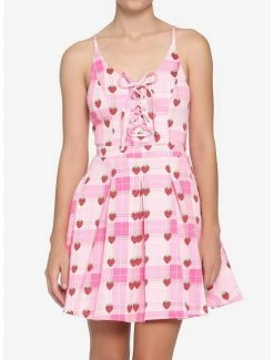 Coupon ⌛ Strawberry Plaid Lace-Up 👗 Dress 🥰