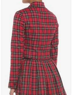 Best Sale 🎉 Red Plaid Safety Pin 👧 Girls Crop Blazer 😀 -HT Style Outlet Store 19384961 av2