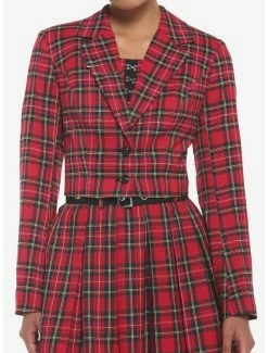 Best Sale 🎉 Red Plaid Safety Pin 👧 Girls Crop Blazer 😀