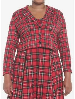 Best Pirce 😉 Red Plaid Safety Pin 👧 Girls Crop Blazer Plus Size 😍