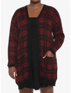 Buy 🤩 Red & Black Plaid Oversized 👧 Girls Cardigan Plus Size ⌛