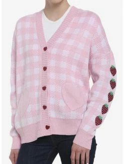 Best Sale 🌟 Pink Gingham Strawberry Heart Oversized 👧 Girls Cardigan 🔔