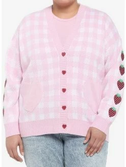 Best Sale 🎉 Pink Gingham Strawberry Heart Oversized 👧 Girls Cardigan Plus Size 🎉