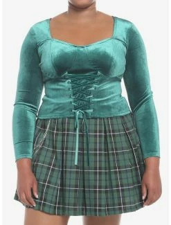 Promo 👏 Velvet Green Corset Lace-Up 👧 Girls Crop Long-Sleeve Plus Size ❤️