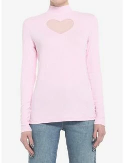 HT Style Outlet Store 12 Top 10 😀 Pastel Pink Heart Cutout Mock Neck 👧 Girls Long-Sleeve Top 🤩