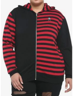 Coupon 👏 Black & Red Stripe Split 👧 Girls Hoodie Plus Size 🧨