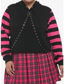 Deals ๐ฅ Black & Pink Stripe Harness ๐ง Girls Crop Hoodie Plus Size ๐ฅฐ
