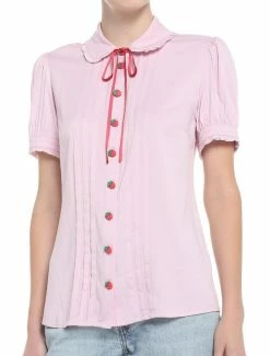Discount 😀 Strawberry Pink Pleated 👧 Girls Woven Button-Up 👏