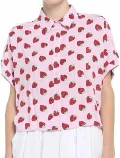 Best deal 🔔 Strawberry Allover Print Crop 👧 Girls Woven Button-Up ✨