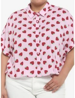 Flash Sale ✔️ Strawberry Allover Print Crop 👧 Girls Woven Button-Up Plus Size 🛒
