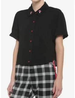Wholesale 😀 Black Mushroom Heart 👧 Girls Woven Button-Up 🧨