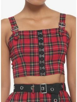 Discount 👏 Red Plaid Buckle Strap 👧 Girls Crop Tank Top 🔔